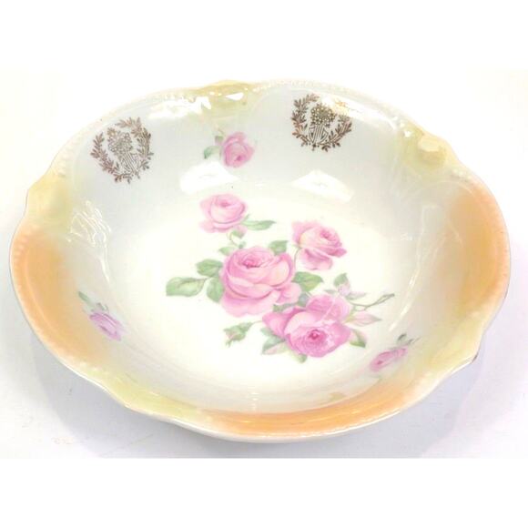 Antique Germany Large 8.5" Porcelain Serving Bowl Scalloped Edge Rose Floral - Picture 4 of 7